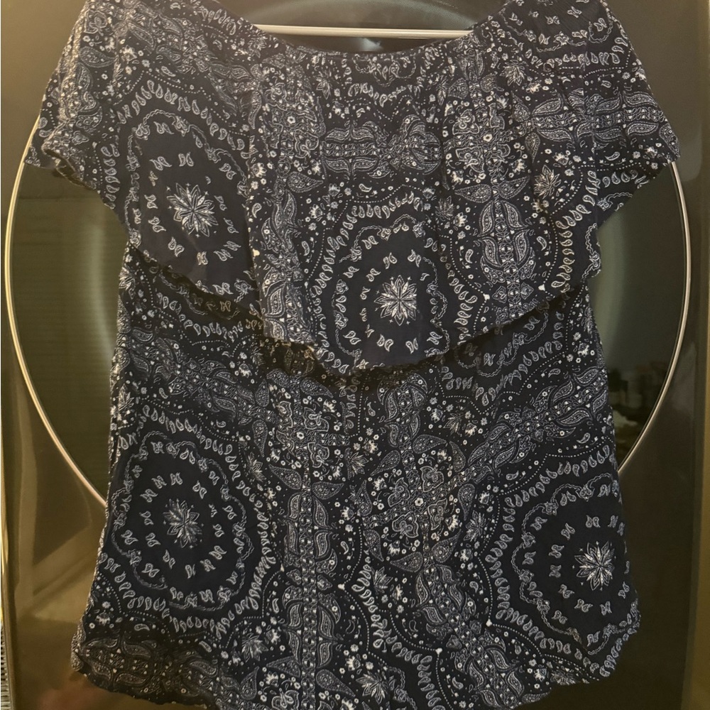 Navy Blue Paisley Off-Shoulder Top